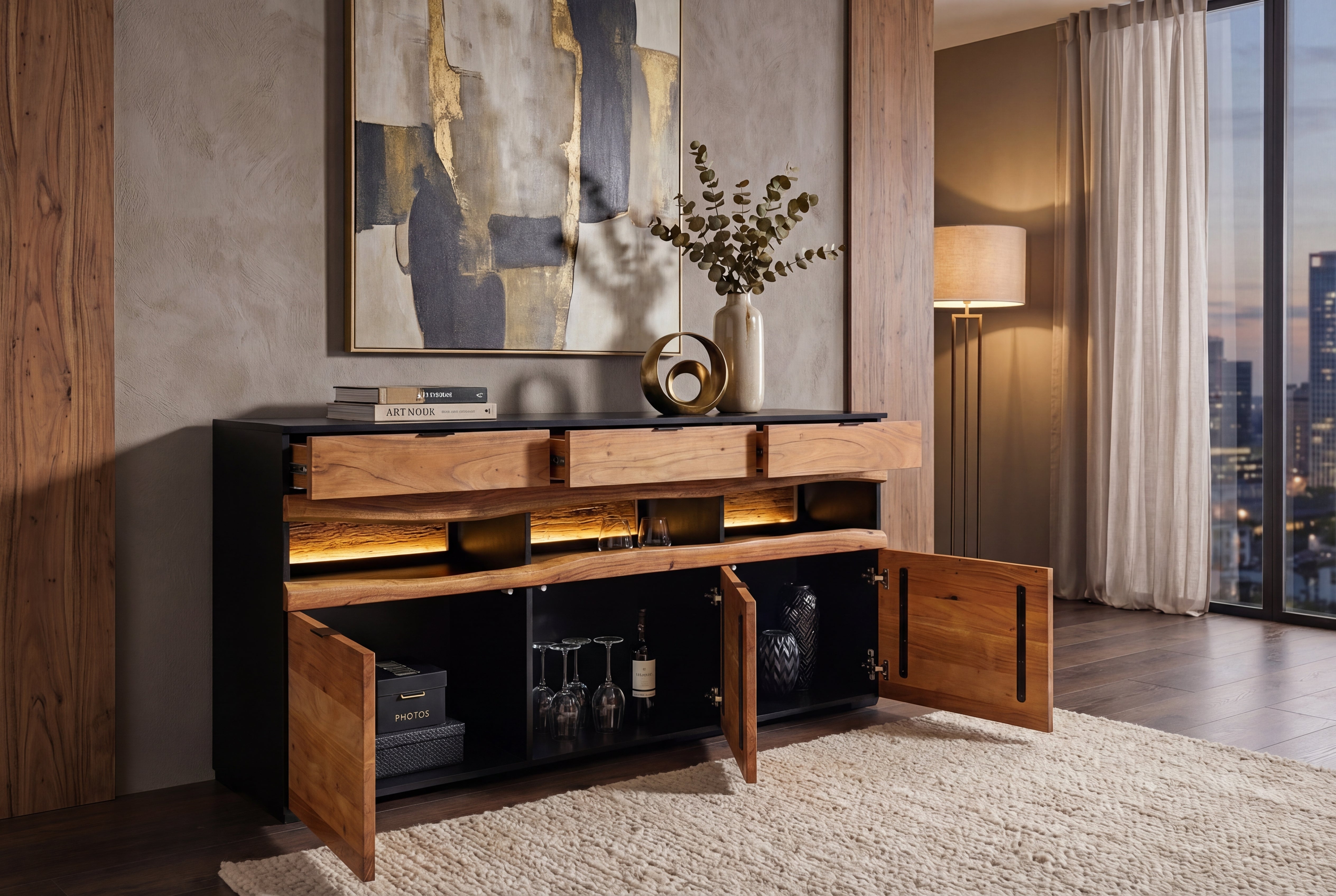 Buffet en bois massif GRAND ACACIA 180cm acacia marron avec éclairage LED bord d’arbre