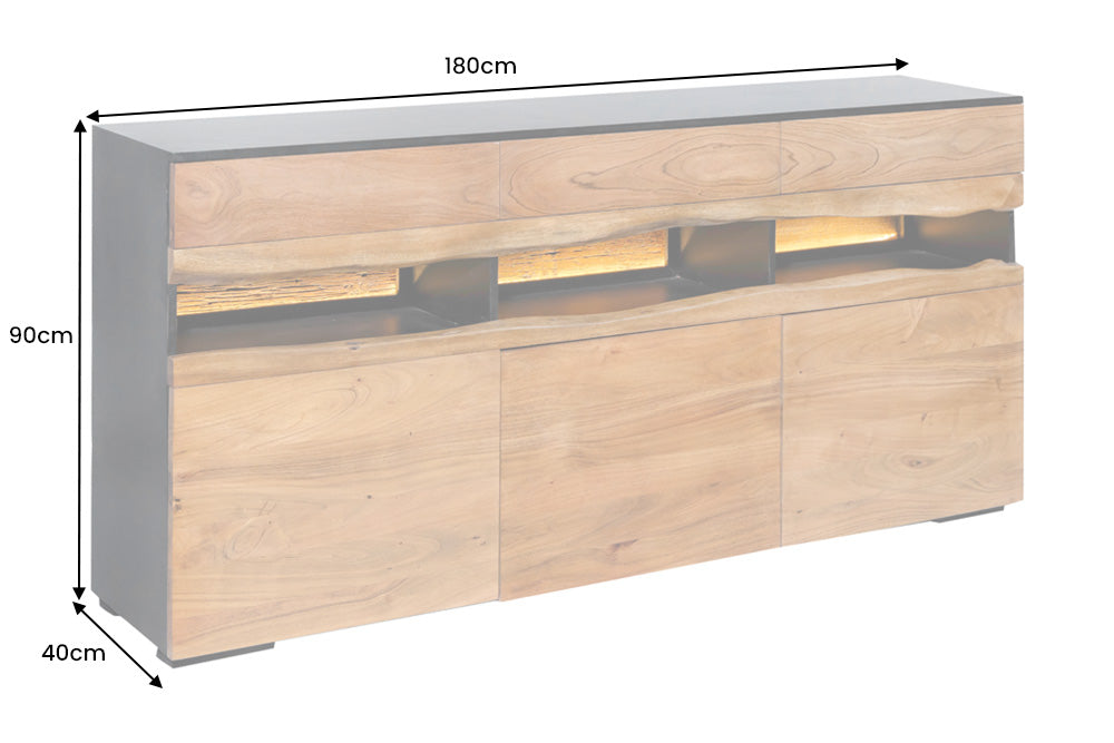 Buffet en bois massif GRAND ACACIA 180cm acacia marron avec éclairage LED bord d’arbre