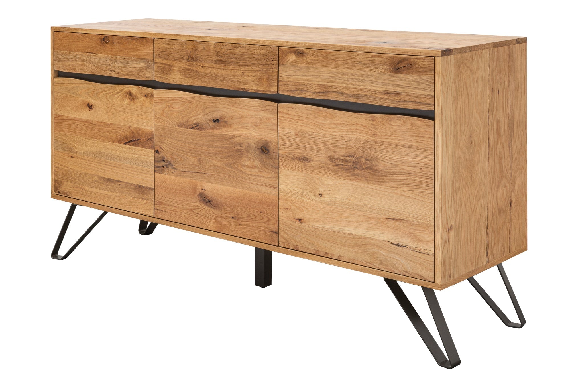 Buffet en bois massif LIVING EDGE 160cm chêne sauvage métal bord d’arbre noir avec tiroirs