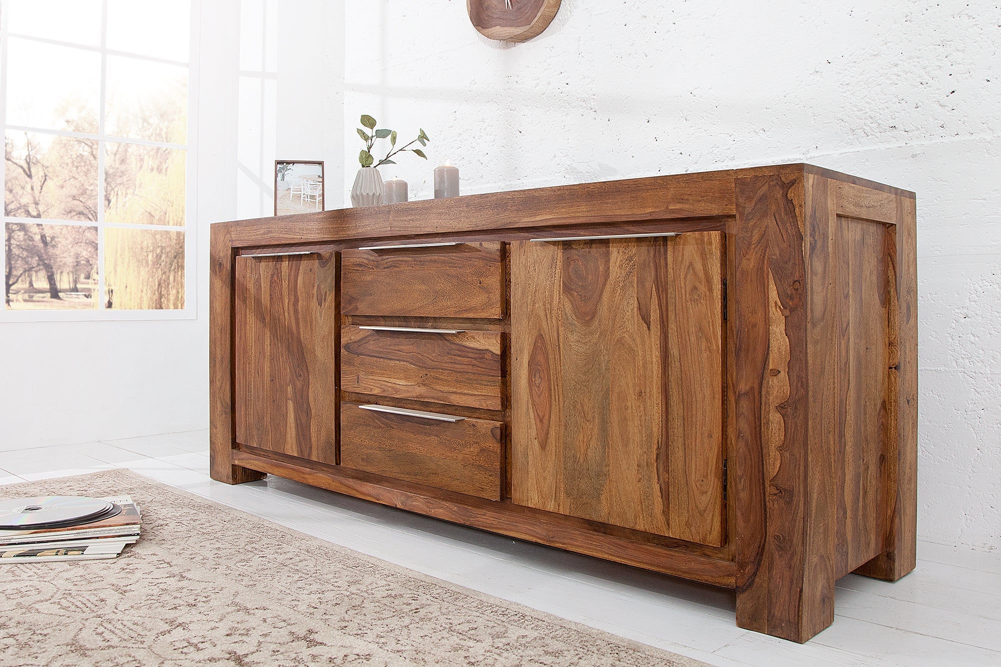 Buffet en bois massif MAKASSAR 175cm marron finition pierre Sheesham commode avec tiroirs