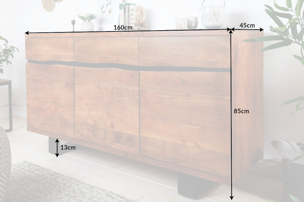 Buffet en bois massif MAMMUT 160cm acacia finition miel bord d’arbre en métal avec tiroirs