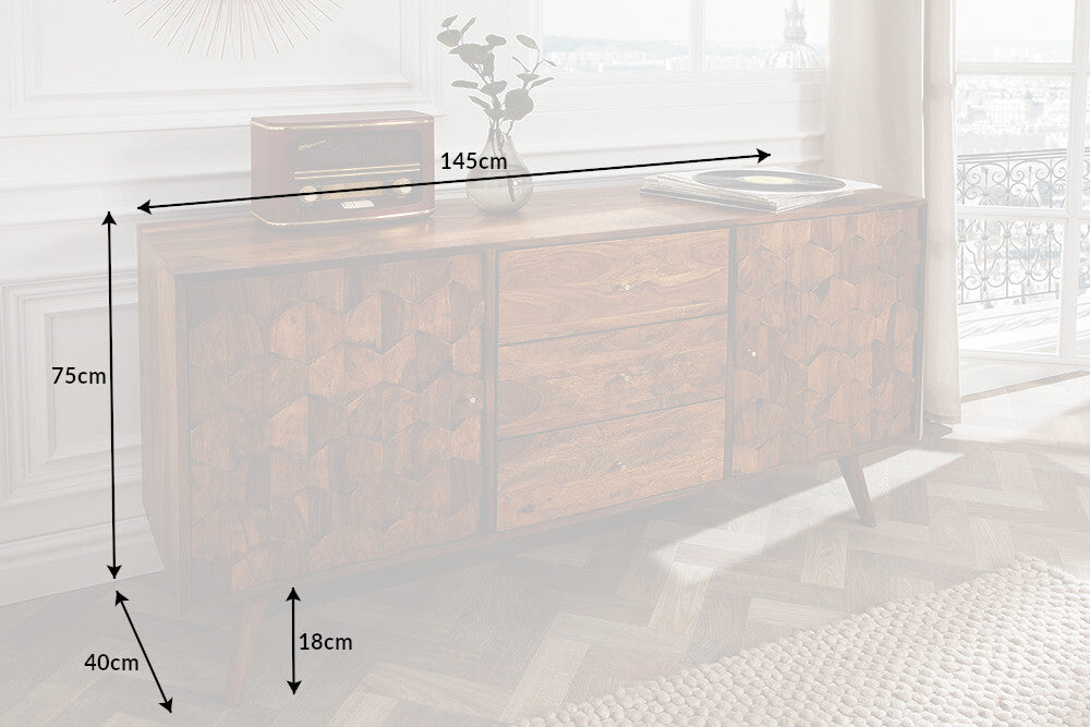 Buffet en bois massif MYSTIC LIVING 145cm commode finition pierre de Sheesham marron