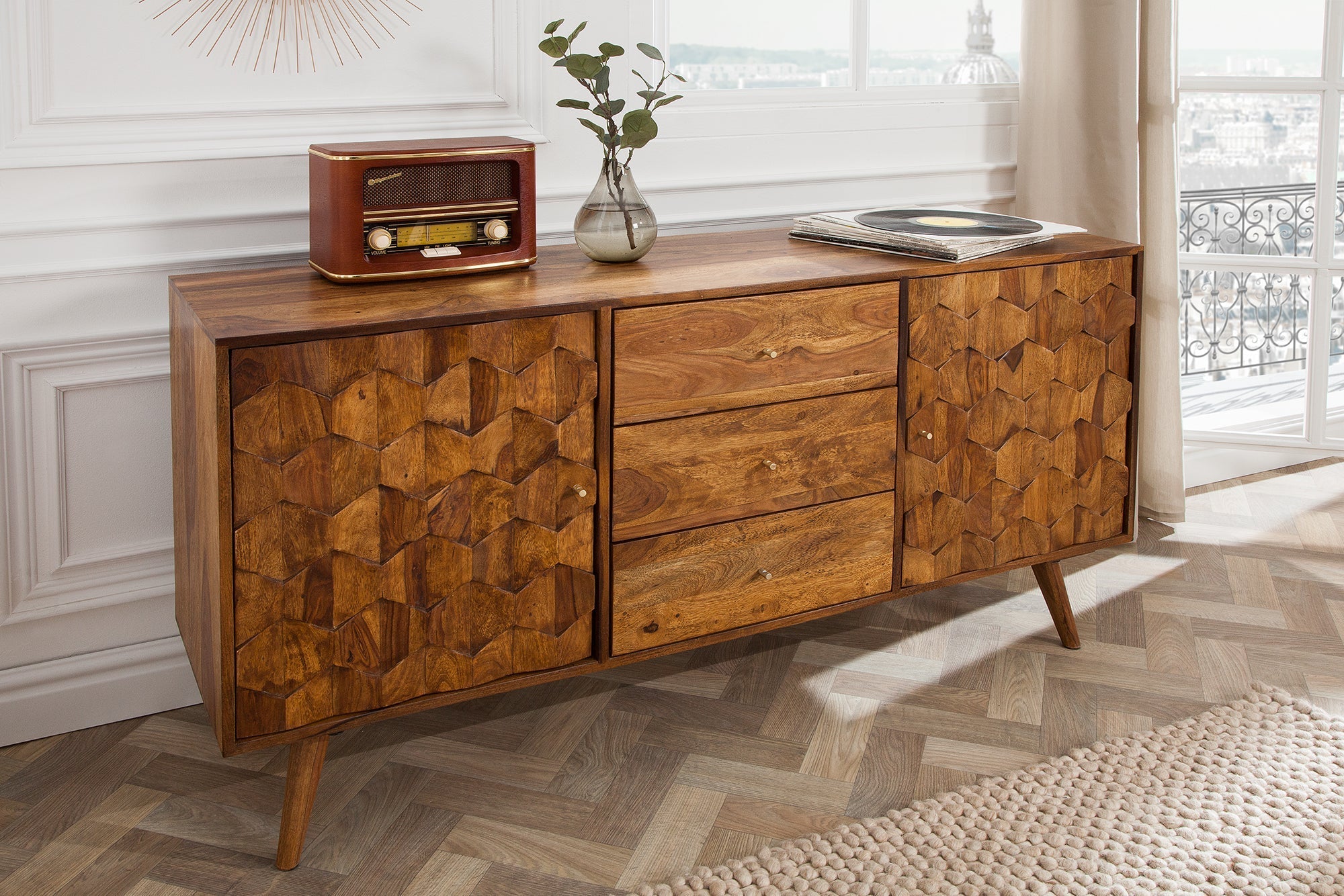 Buffet en bois massif MYSTIC LIVING 145cm commode finition pierre de Sheesham marron