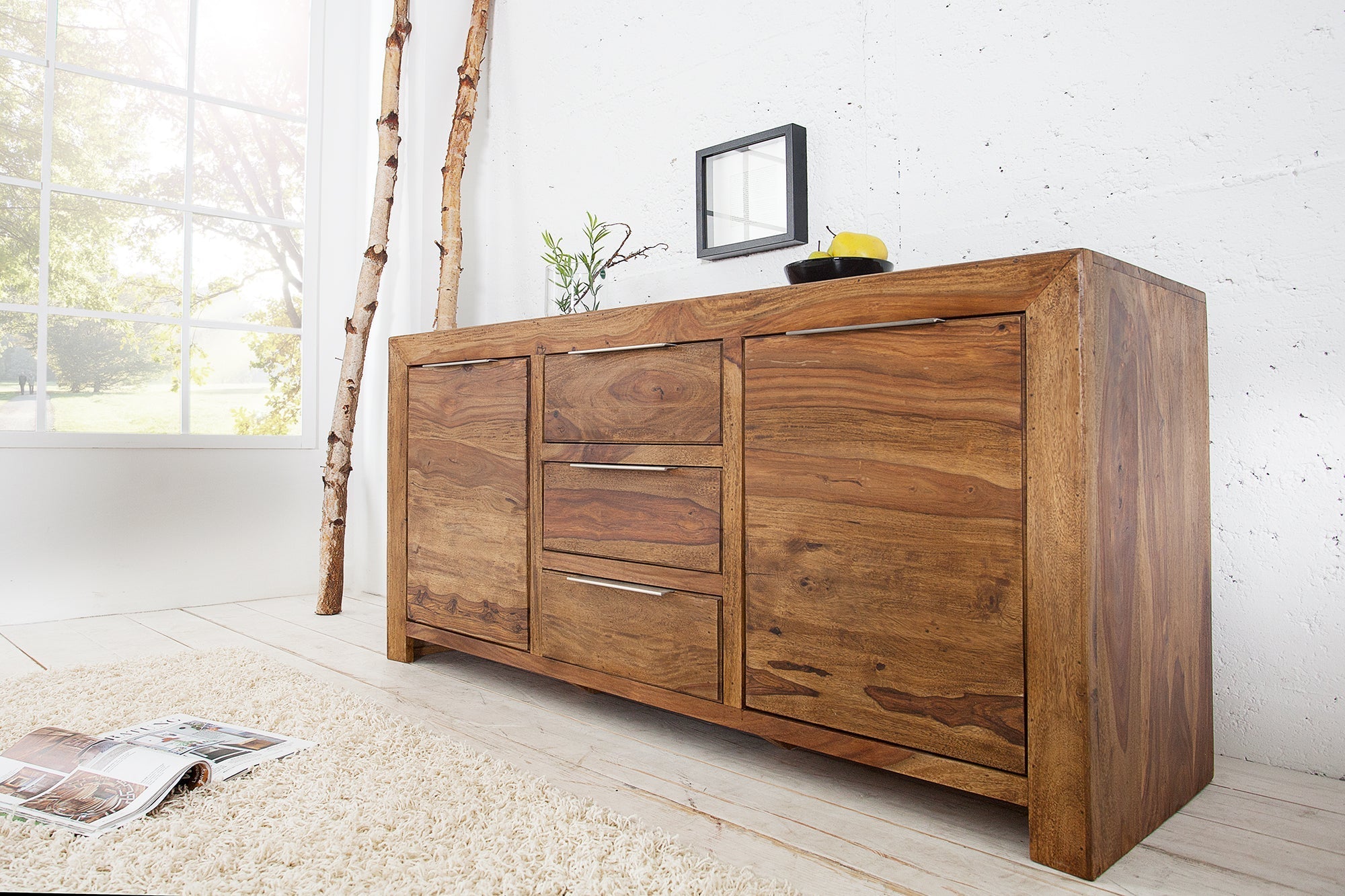 Buffet en bois massif PURE 135cm commode finition pierre de Sheesham marron