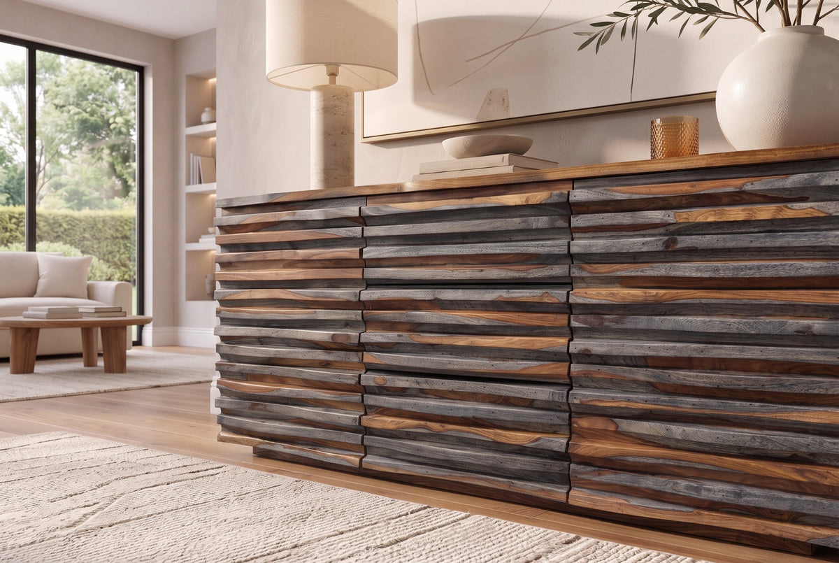 Buffet en bois massif RELIEF 160 cm Sheesham finition gris fumé commode avec tiroirs