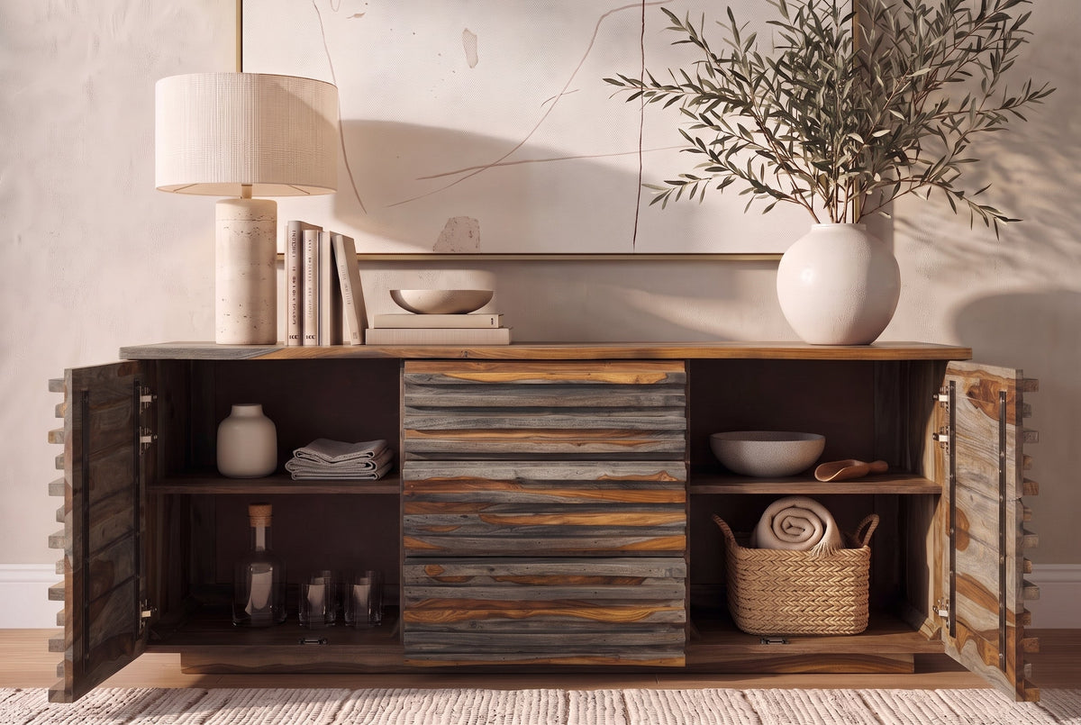 Buffet en bois massif RELIEF 160 cm Sheesham finition gris fumé commode avec tiroirs