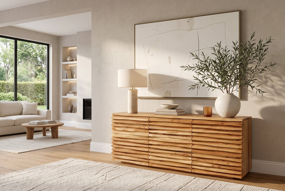 Buffet en bois massif RELIEF 160cm, commode en acacia avec façade élaborée