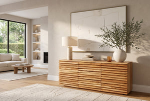 Buffet en bois massif RELIEF 160cm, commode en acacia avec façade élaborée