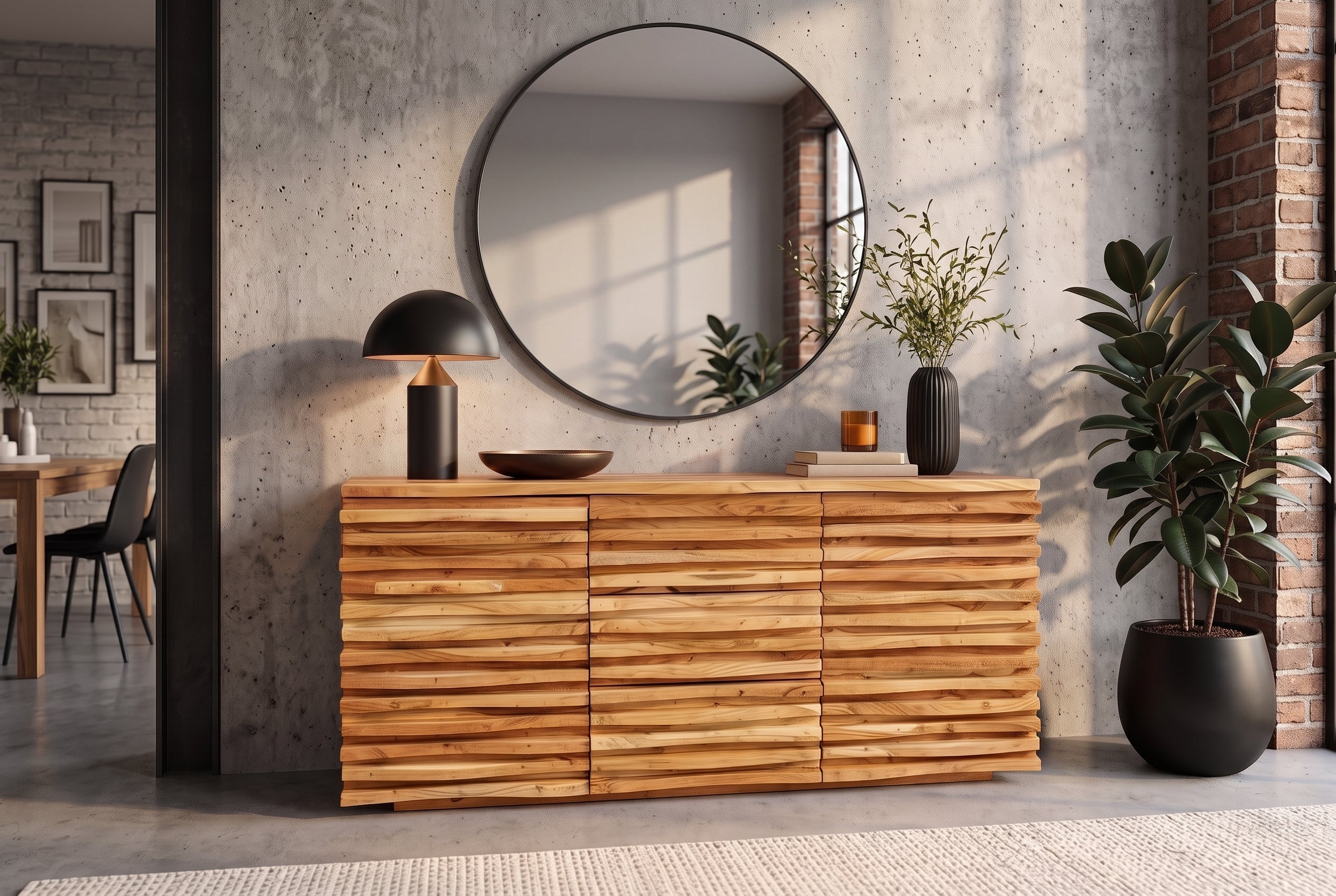 Buffet en bois massif RELIEF 160cm, commode en acacia avec façade élaborée