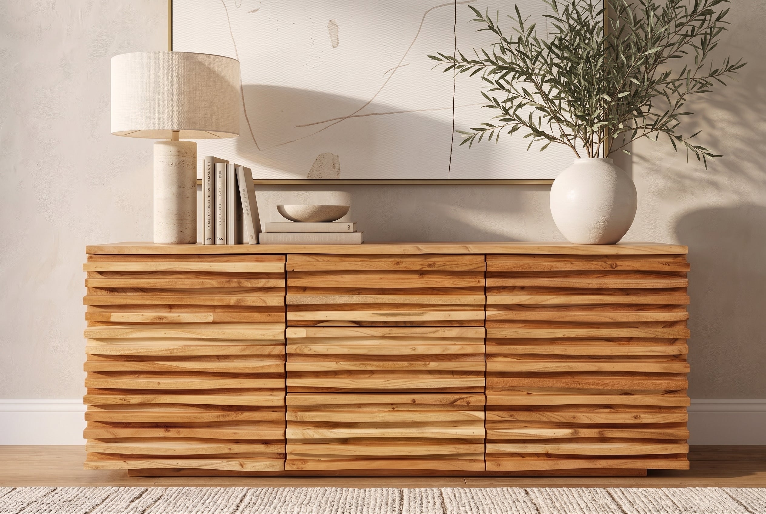 Buffet en bois massif RELIEF 160cm, commode en acacia avec façade élaborée