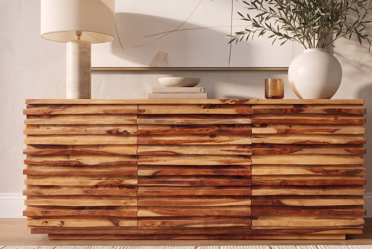 Buffet en bois massif RELIEF 160cm marron finition pierre de Sesham commode avec tiroirs