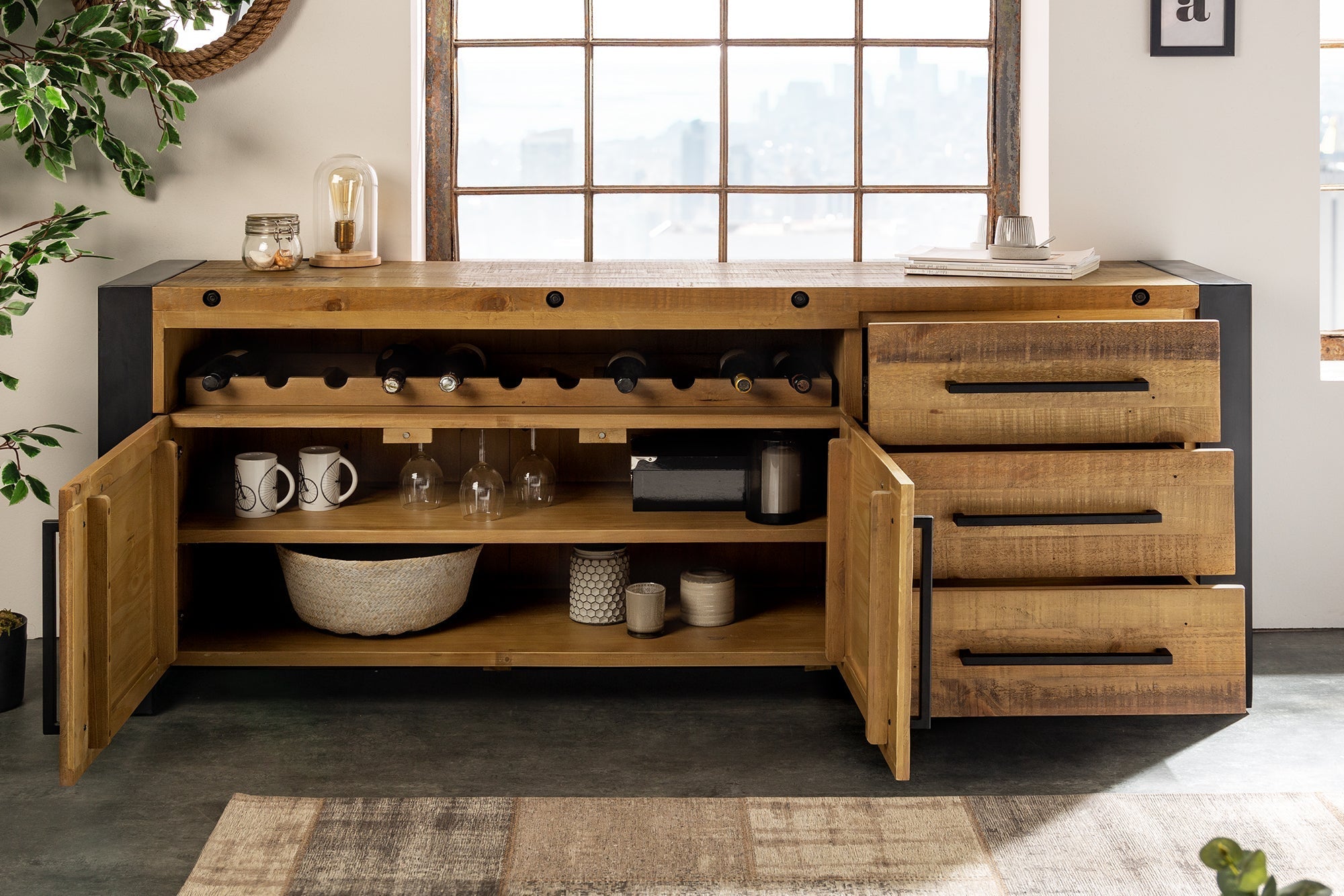 Buffet en bois massif THOR 195cm pin marron avec tiroirs casier à vin design industriel