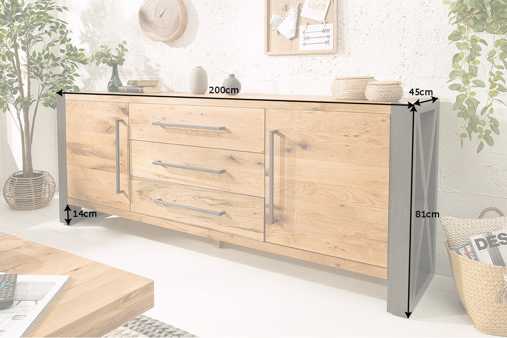 Buffet en bois massif THOR 200 cm avec tiroirs chêne sauvage naturel métal huilé noir