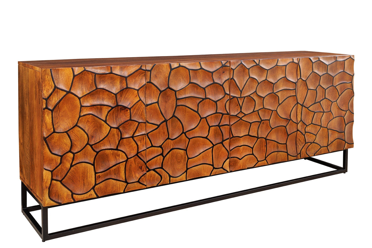 Buffet en bois massif VULCANO 180cm en manguier marron avec sculptures 3D structure en métal noir fait main