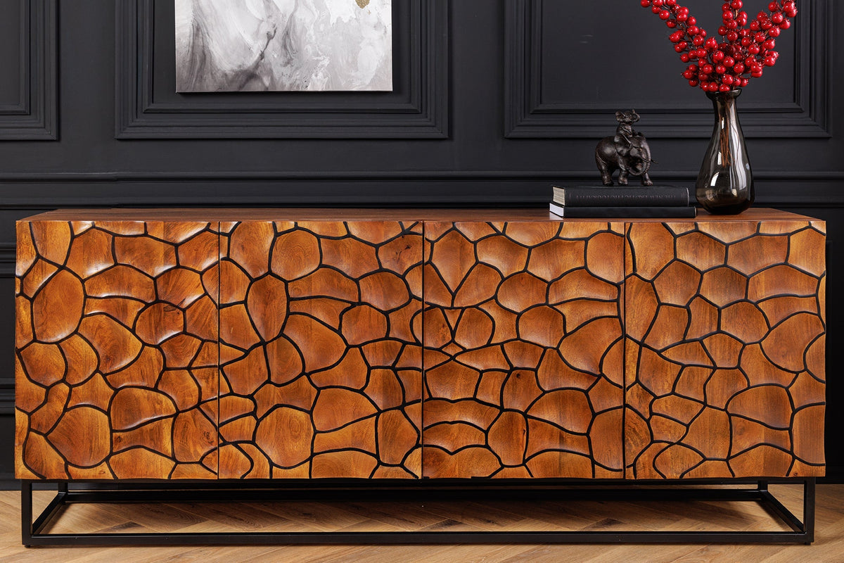 Buffet en bois massif VULCANO 180cm en manguier marron avec sculptures 3D structure en métal noir fait main
