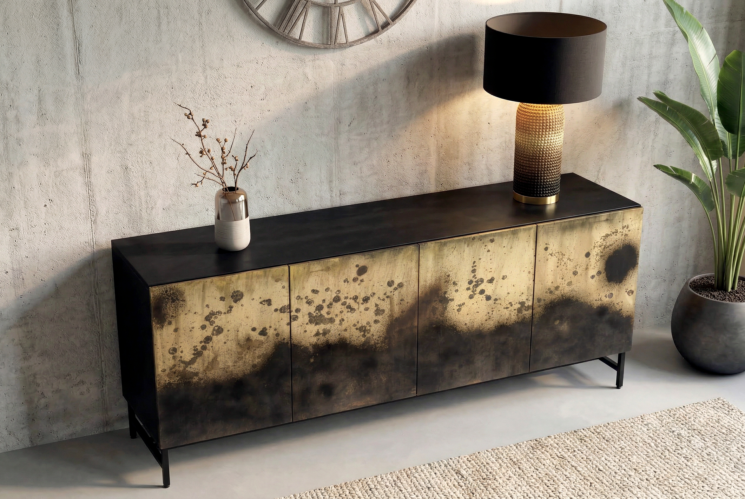 Buffet exclusif OXID 180cm noir doré bois de manguier massif métal fermeture amortie