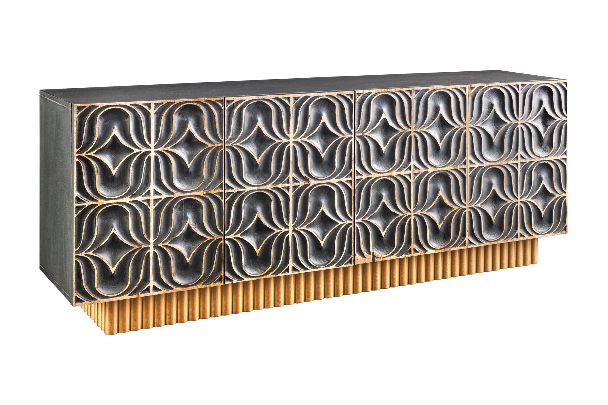 Buffet fait main PIAZZA SAN MARCO 180cm gris doré en bois de manguier massif design 3D