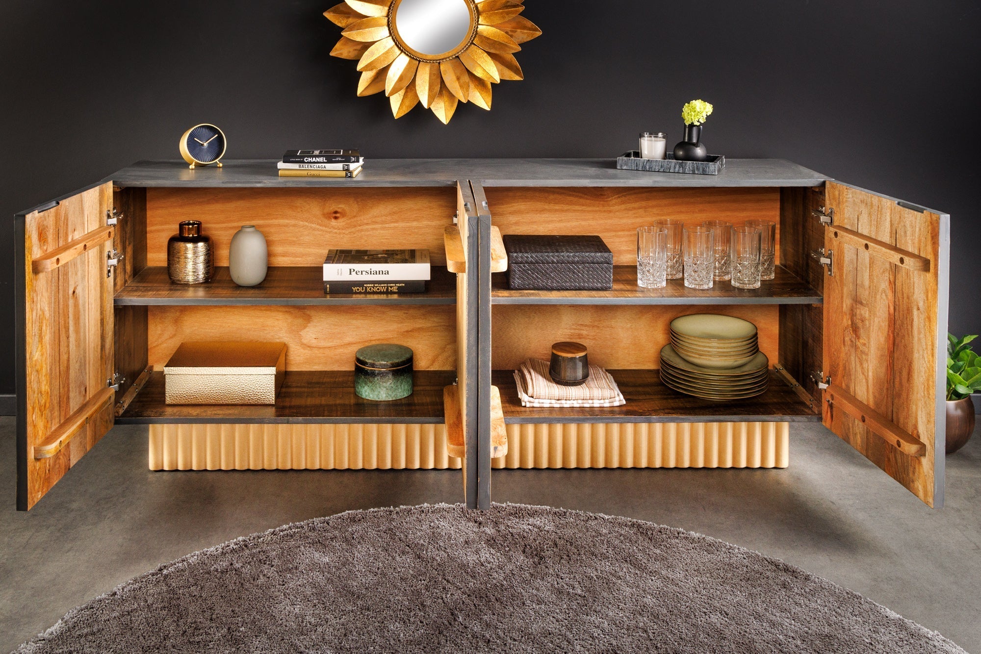 Buffet fait main PIAZZA SAN MARCO 180cm gris doré en bois de manguier massif design 3D