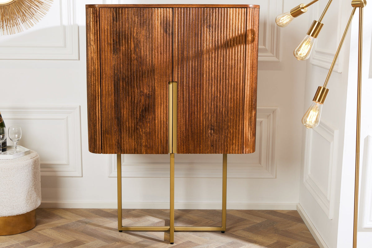 Buffet haut design GATSBY 125cm marron mat doré bois de manguier rétro