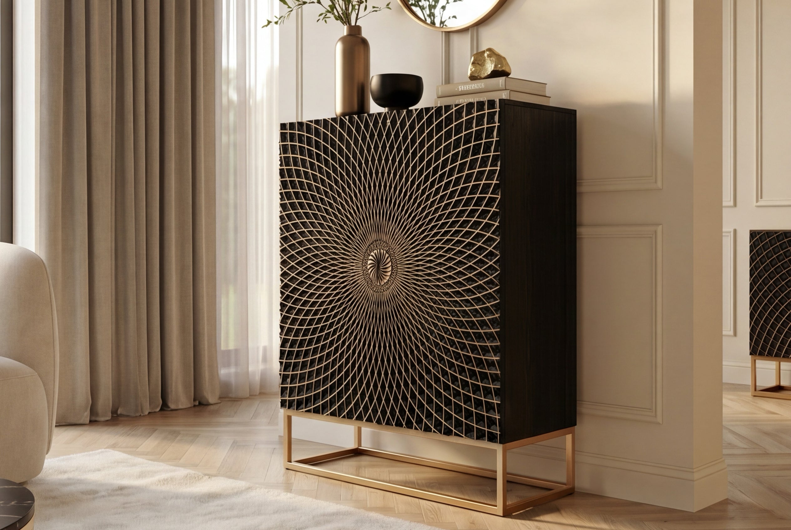 Buffet haut design ILLUSION 120cm en bois de manguier massif noir avec sculptures 3D structure en métal fer doré