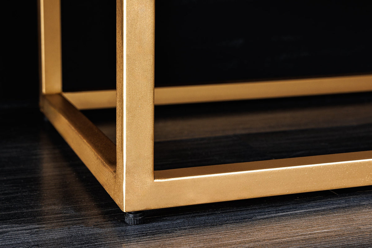 Buffet haut design ILLUSION 120cm en bois de manguier massif noir avec sculptures 3D structure en métal fer doré