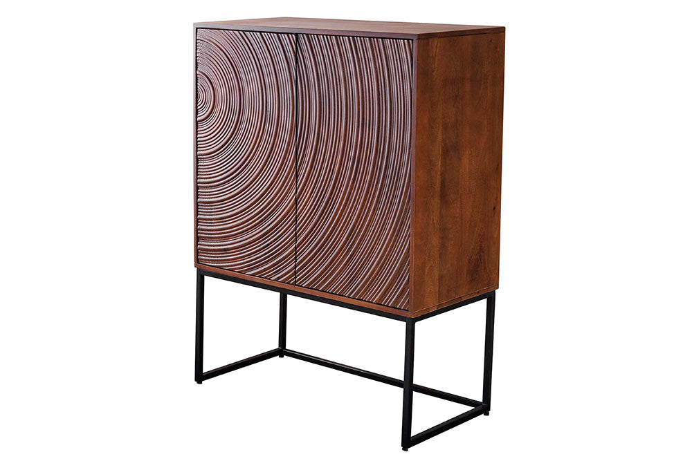 Buffet haut design ORBIT 120cm en manguier marron avec façade 3D métal noir
