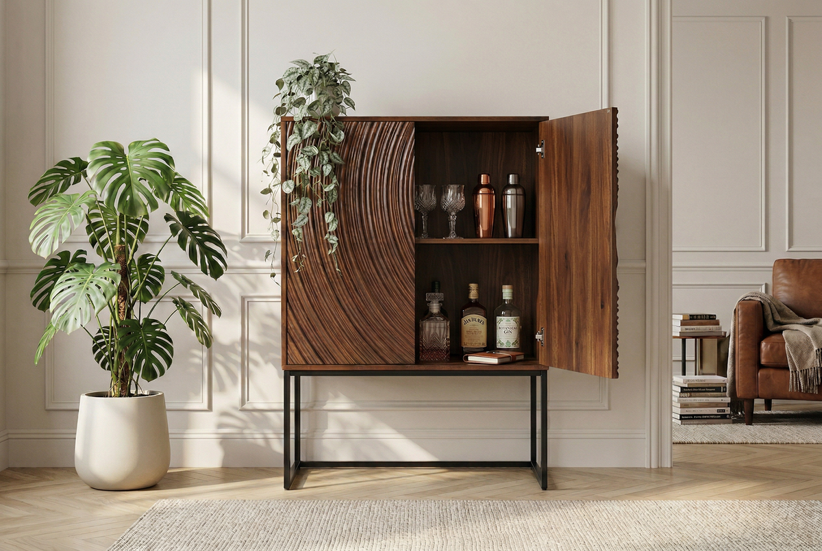 Buffet haut design ORBIT 120cm en manguier marron avec façade 3D métal noir