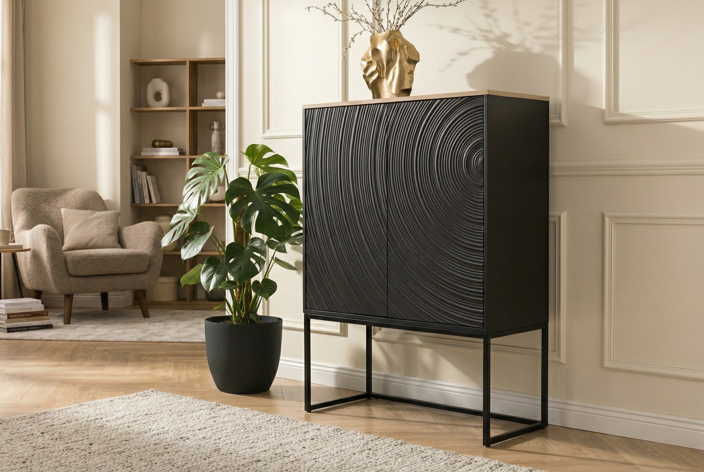 Buffet haut design ORBIT 120cm en manguier noir avec façade 3D en métal