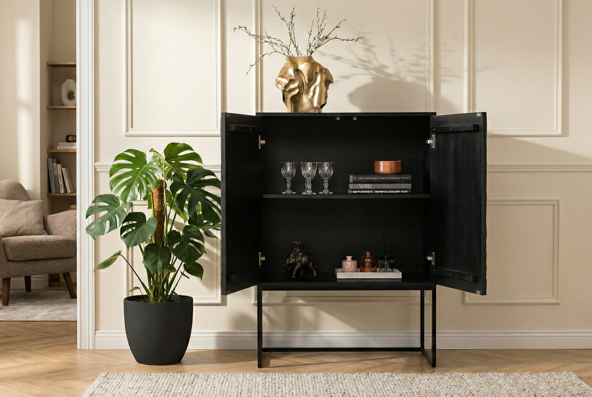 Buffet haut design ORBIT 120cm en manguier noir avec façade 3D en métal