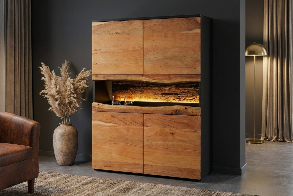 Buffet haut en bois massif GRAND ACACIA 120cm acacia marron avec éclairage LED bord d’arbre