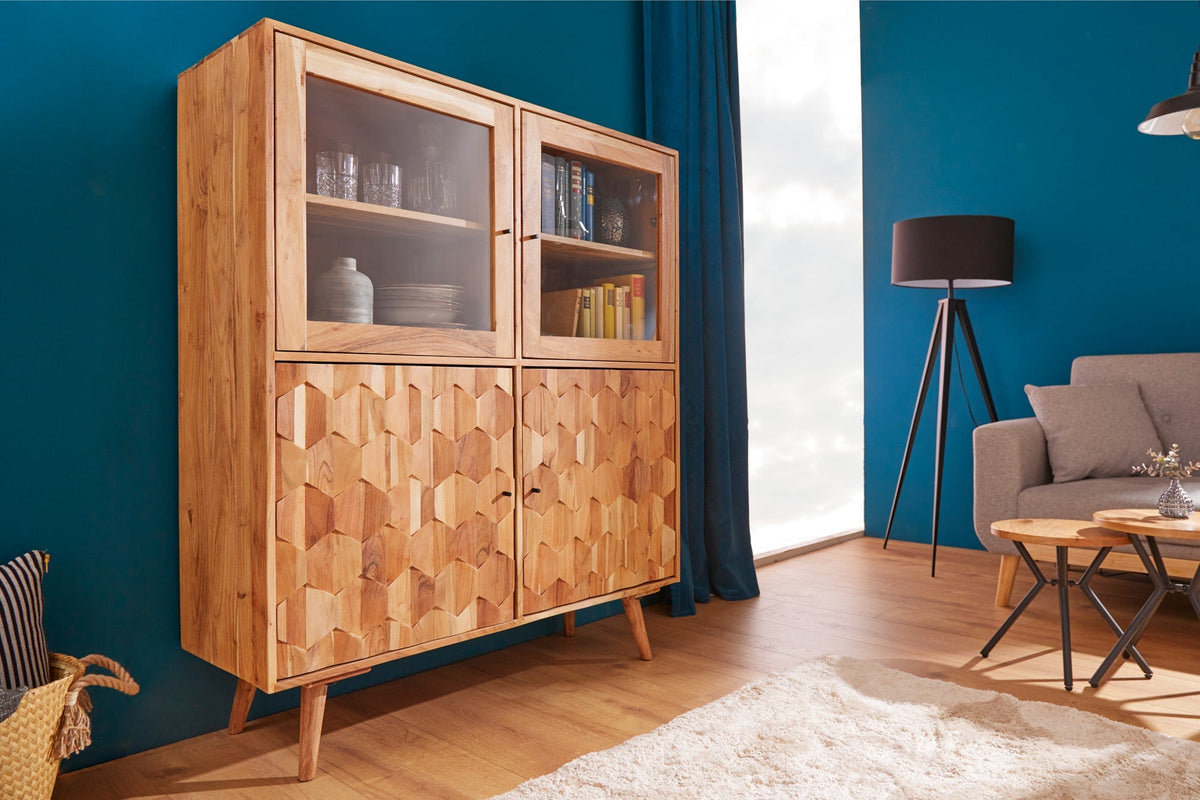 Buffet haut en bois massif MYSTIC LIVING 140cm vitrine en acacia naturel surface 3D