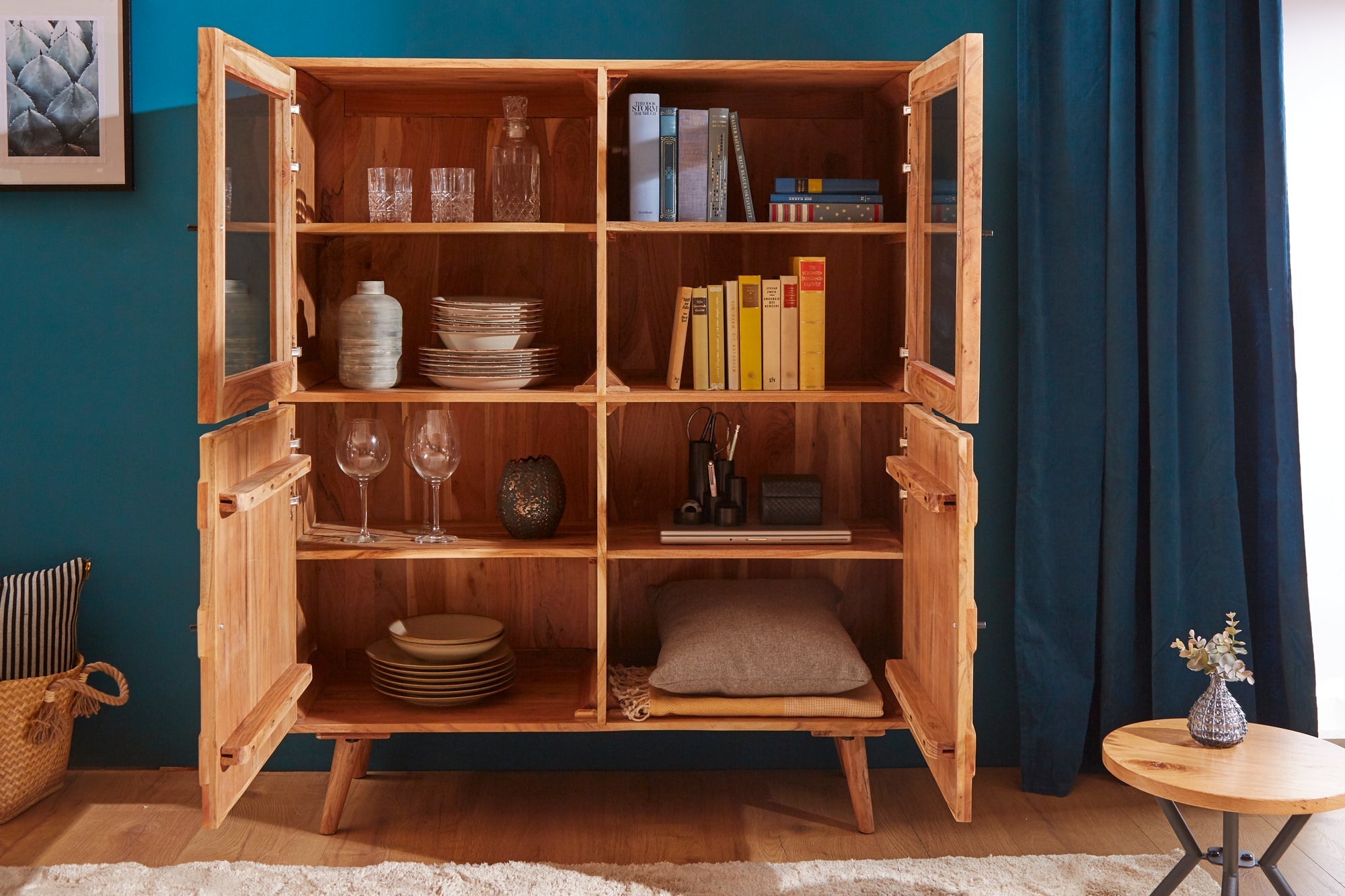Buffet haut en bois massif MYSTIC LIVING 140cm vitrine en acacia naturel surface 3D