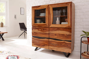 Buffet haut massif AMAZONAS 140cm vitrine en bois de sheesham marron avec bordure en arbre