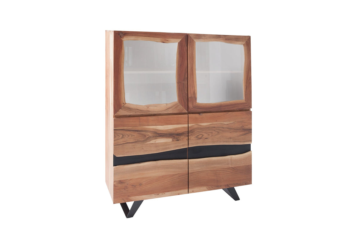Buffet haut massif AMAZONAS 140cm vitrine en métal acacia bord d’arbre