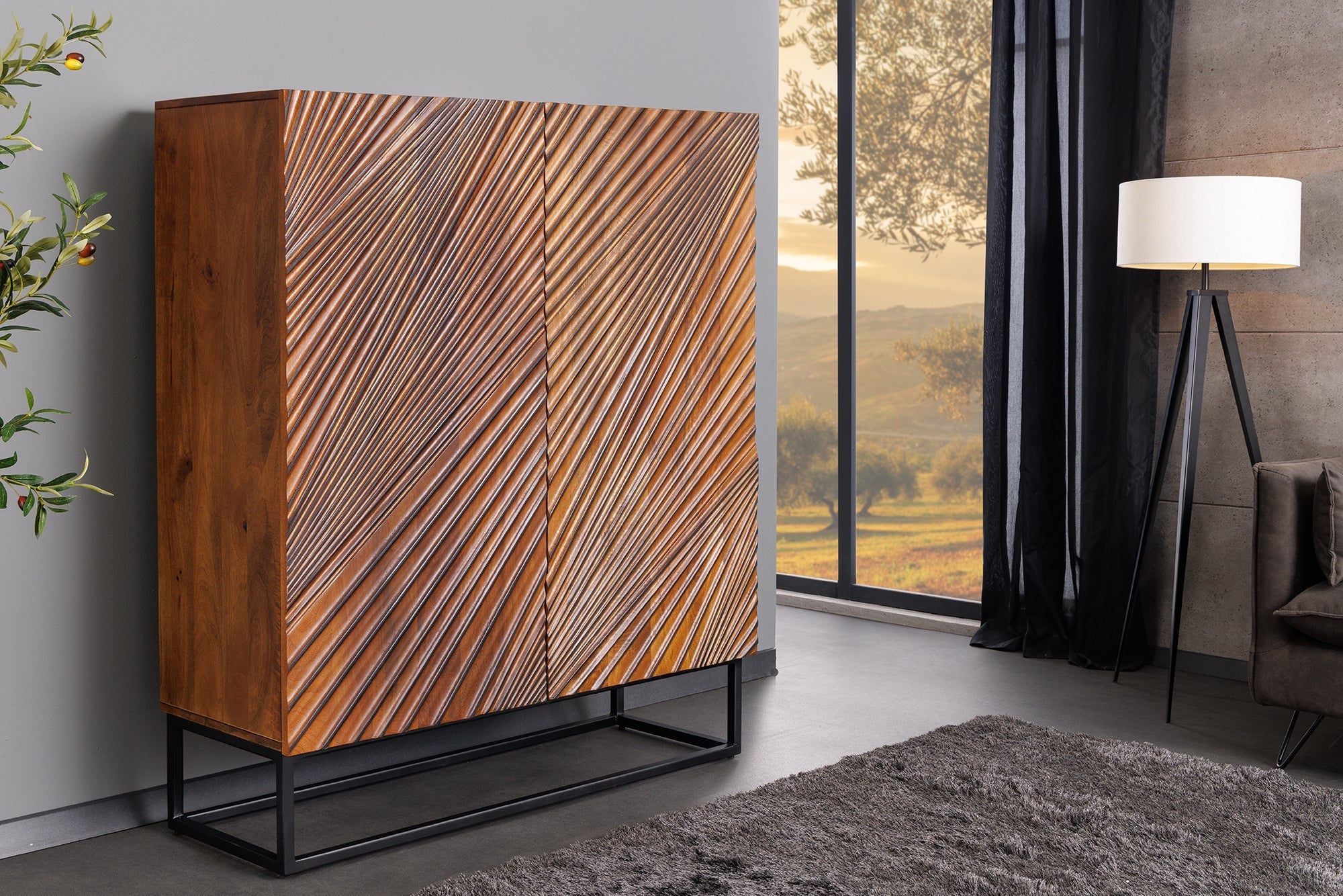 Buffet haut massif ART 120cm bois de manguier marron design 3D métal noir