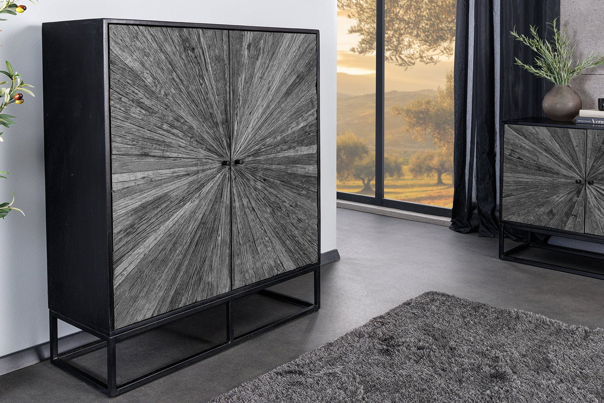 Buffet haut massif BARRACUDA 120cm en manguier gris façade teck métal noir