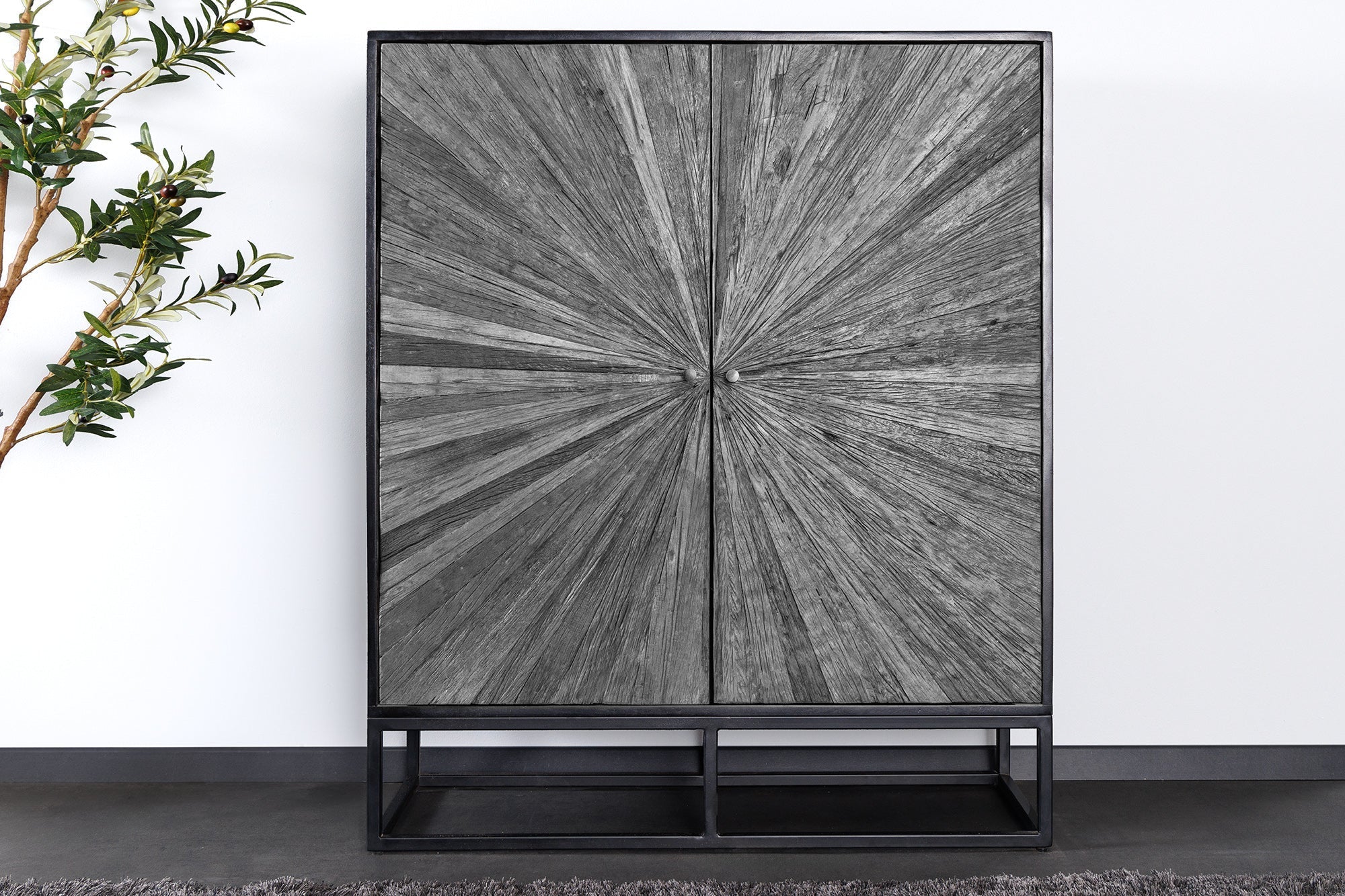 Buffet haut massif BARRACUDA 120cm en manguier gris façade teck métal noir