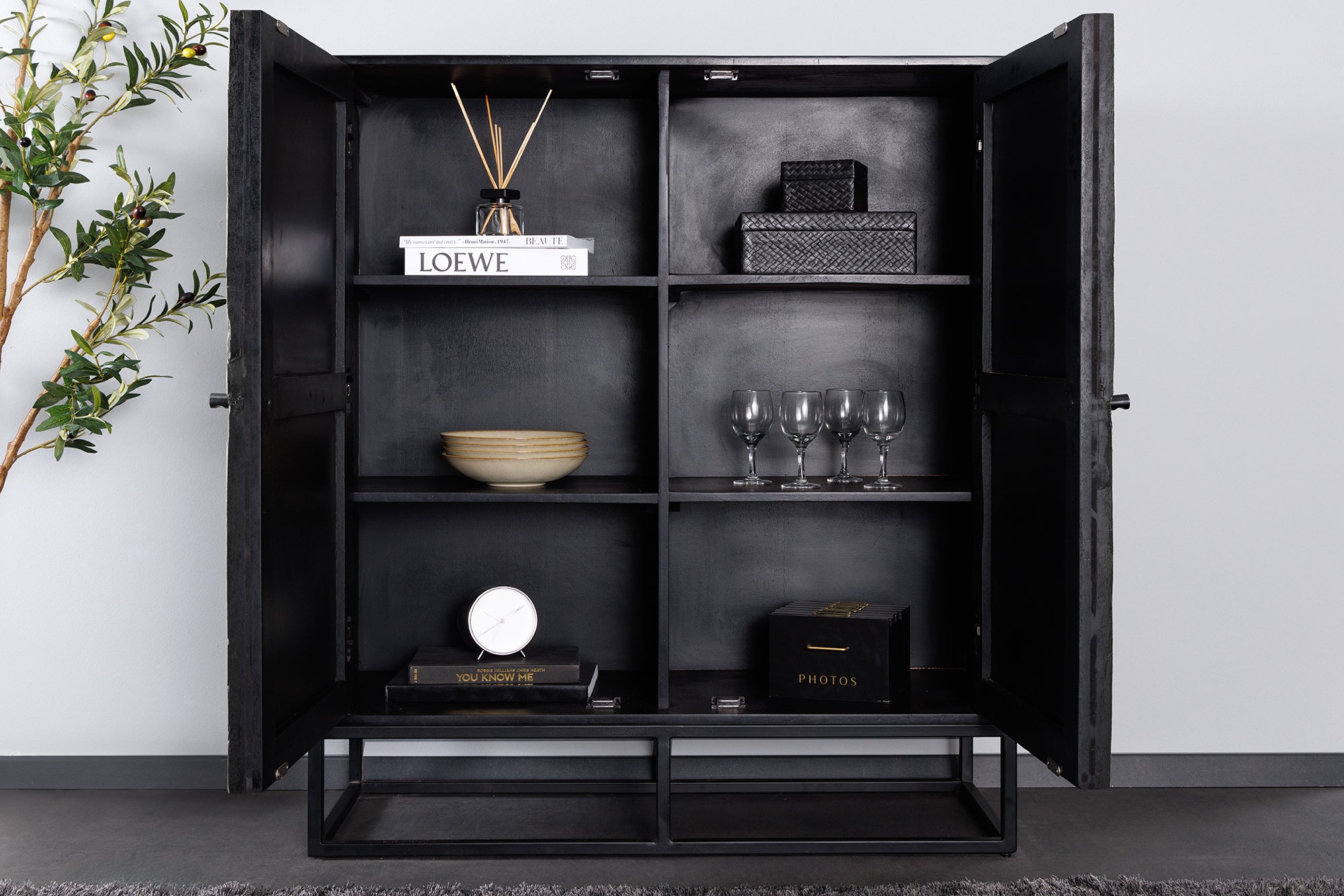 Buffet haut massif BARRACUDA 120cm en manguier gris façade teck métal noir