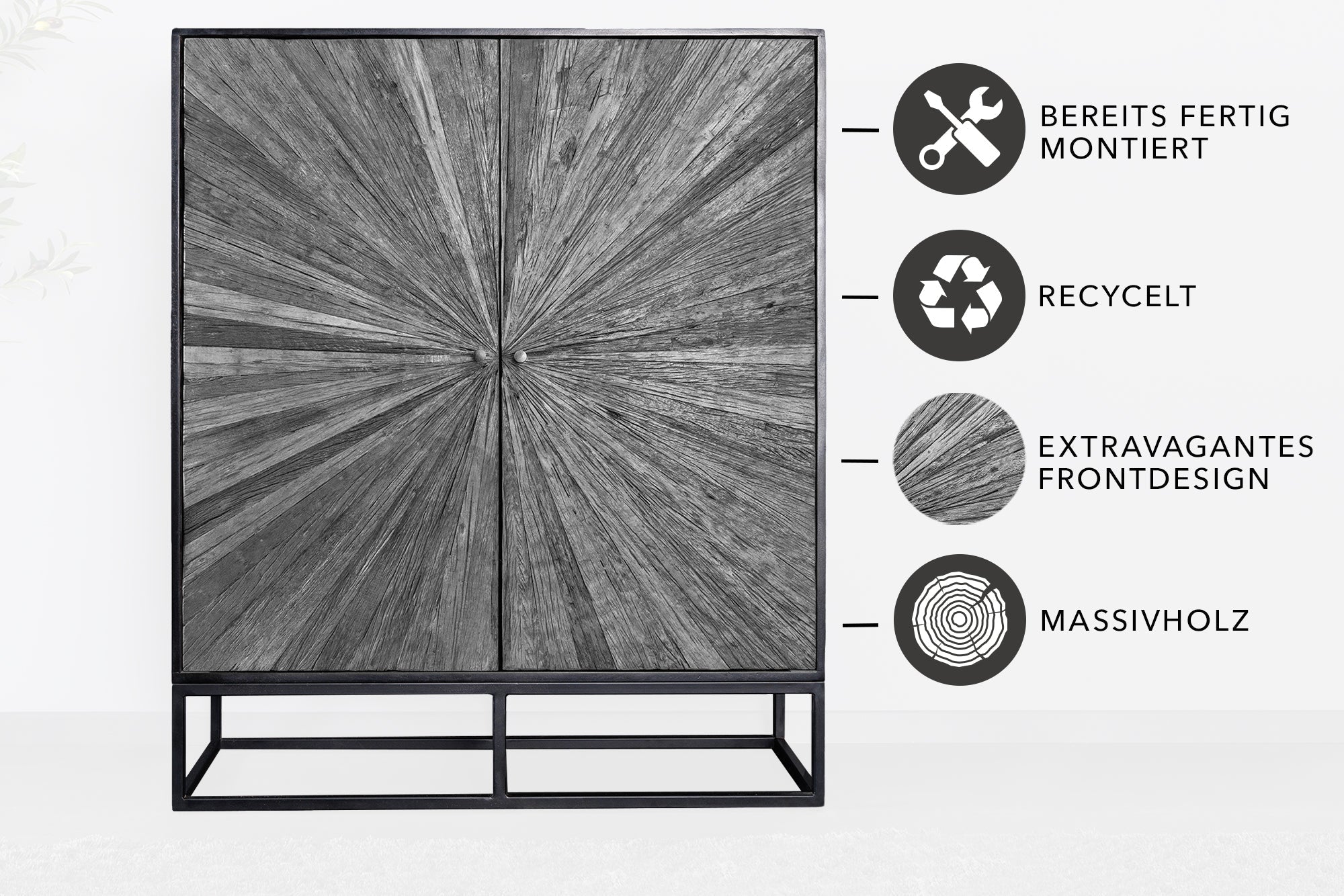 Buffet haut massif BARRACUDA 120cm en manguier gris façade teck métal noir
