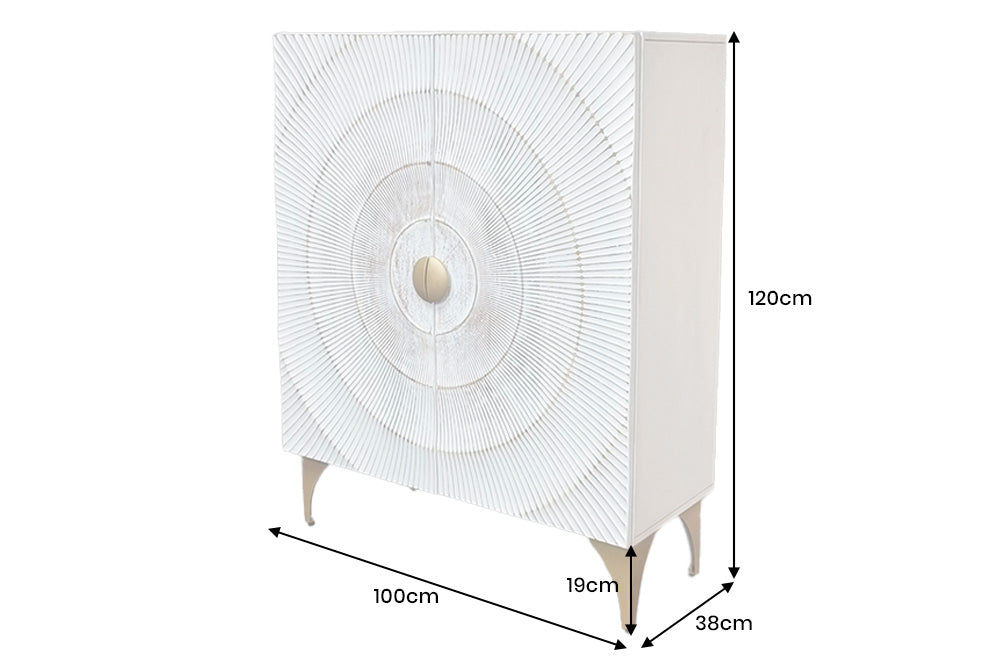 Buffet haut massif GOLDEN SUNSET 120cm en bois de manguier doré blanc avec sculptures 3D