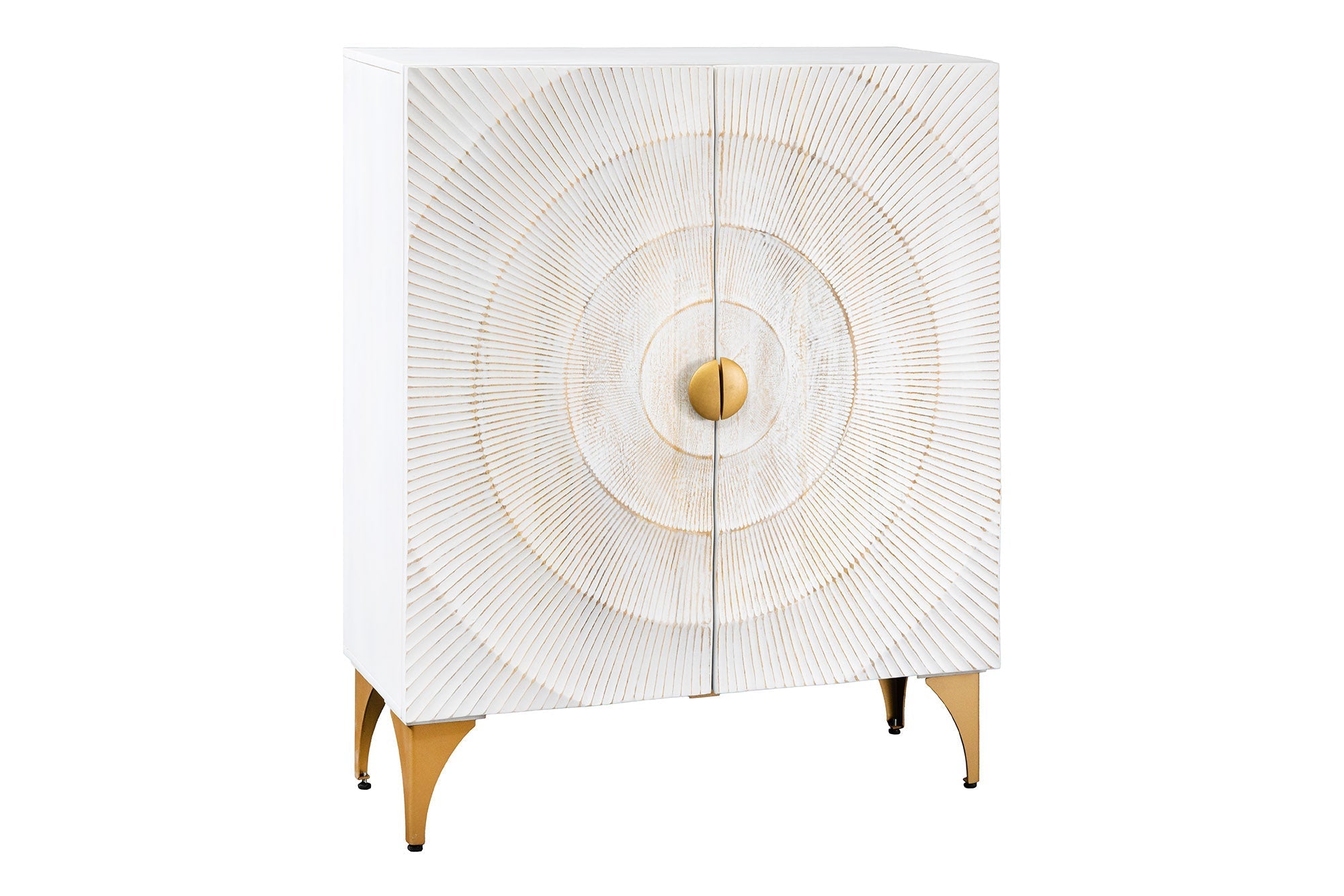 Buffet haut massif GOLDEN SUNSET 120cm en bois de manguier doré blanc avec sculptures 3D
