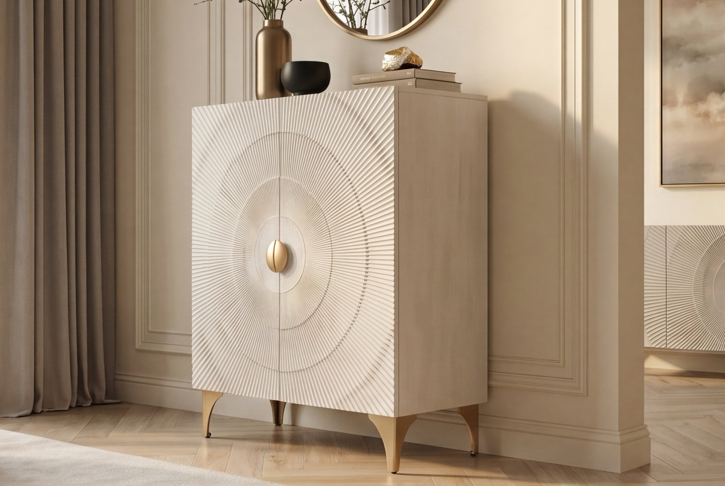 Buffet haut massif GOLDEN SUNSET 120cm en bois de manguier doré blanc avec sculptures 3D
