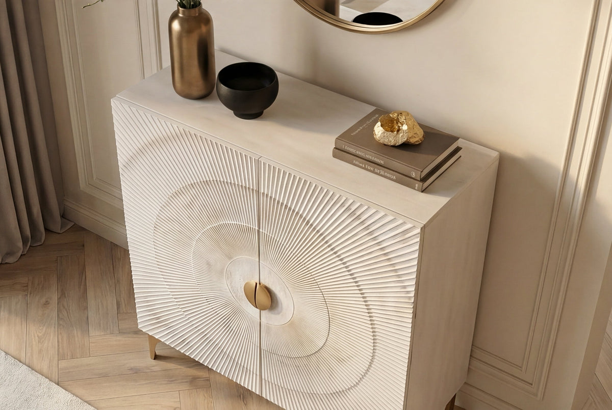 Buffet haut massif GOLDEN SUNSET 120cm en bois de manguier doré blanc avec sculptures 3D