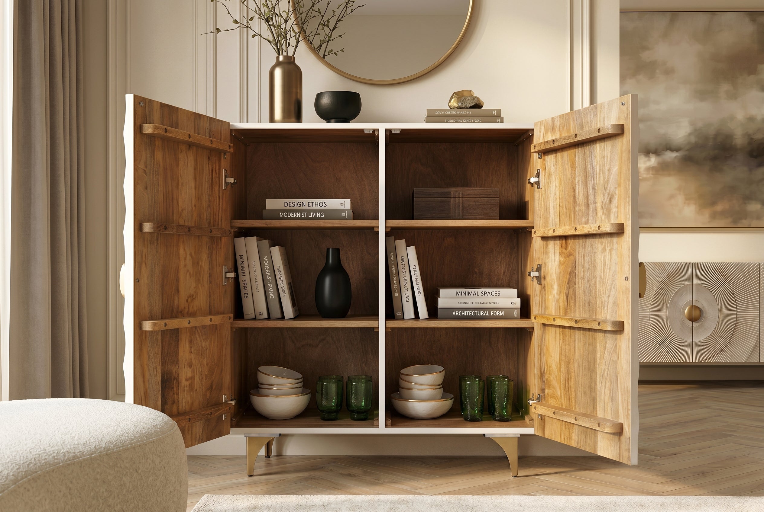 Buffet haut massif GOLDEN SUNSET 120cm en bois de manguier doré blanc avec sculptures 3D