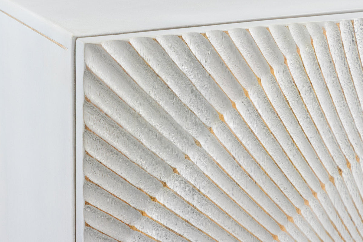 Buffet haut massif GOLDEN SUNSET 120cm en bois de manguier doré blanc avec sculptures 3D