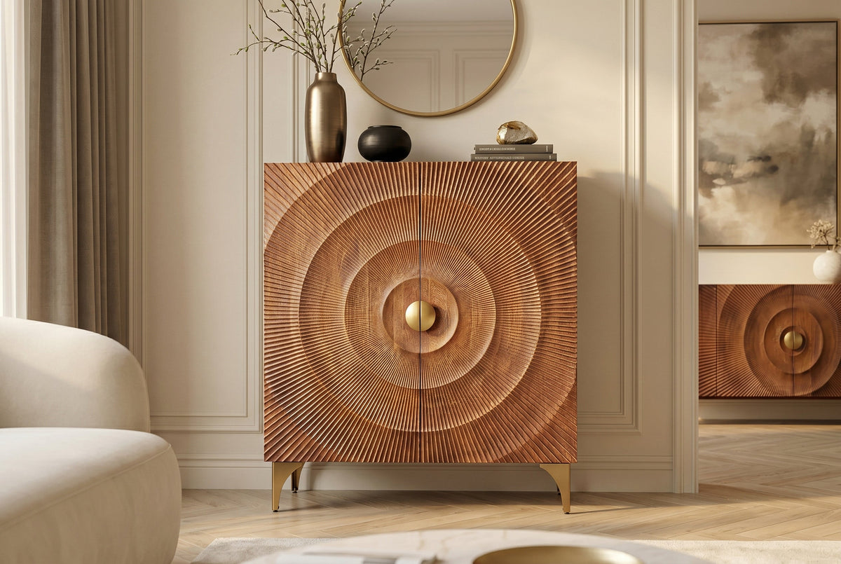 Buffet haut massif GOLDEN SUNSET 120cm en bois de manguier marron doré avec sculptures 3D