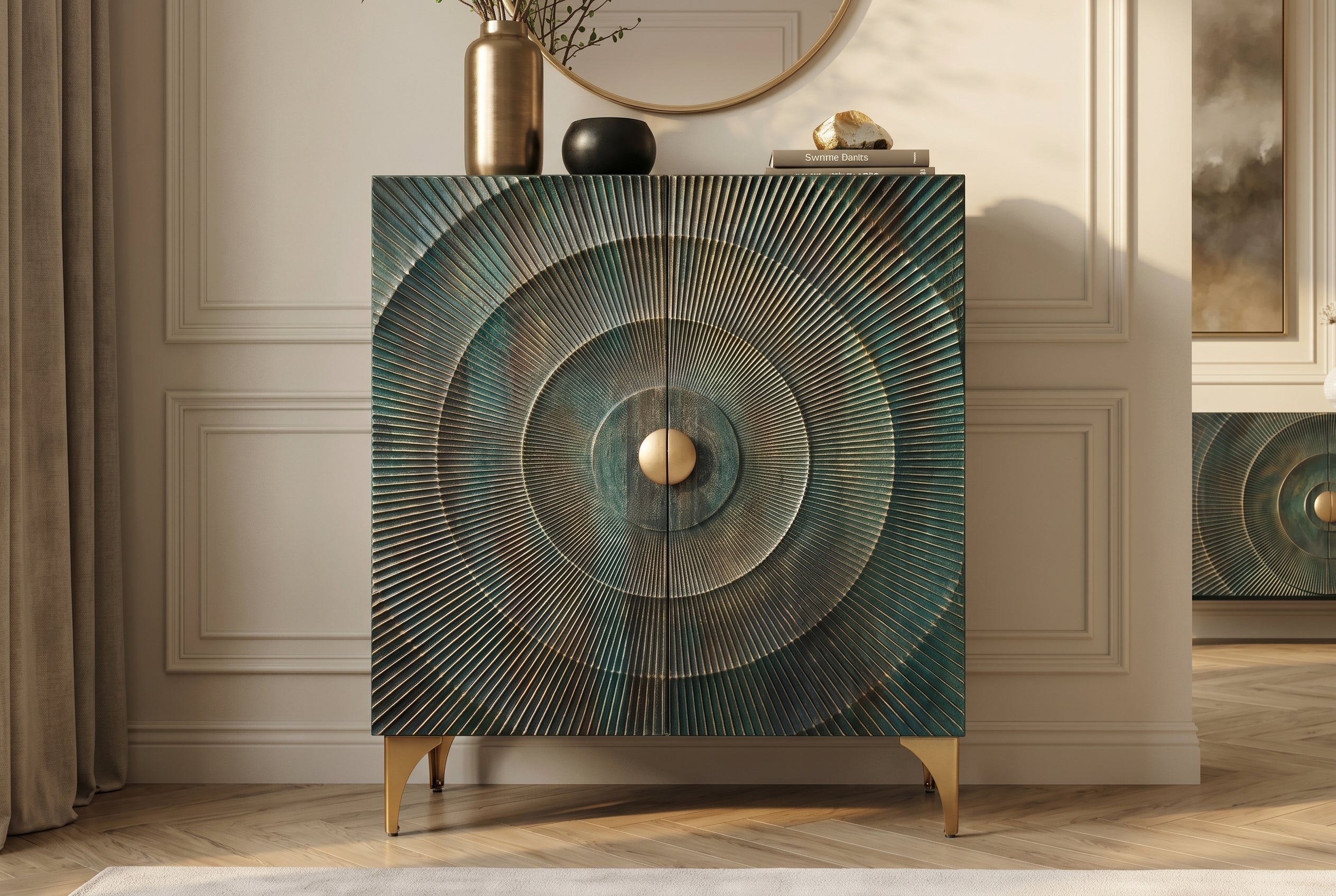 Buffet haut massif GOLDEN SUNSET 120cm en bois de manguier turquoise doré avec sculptures 3D