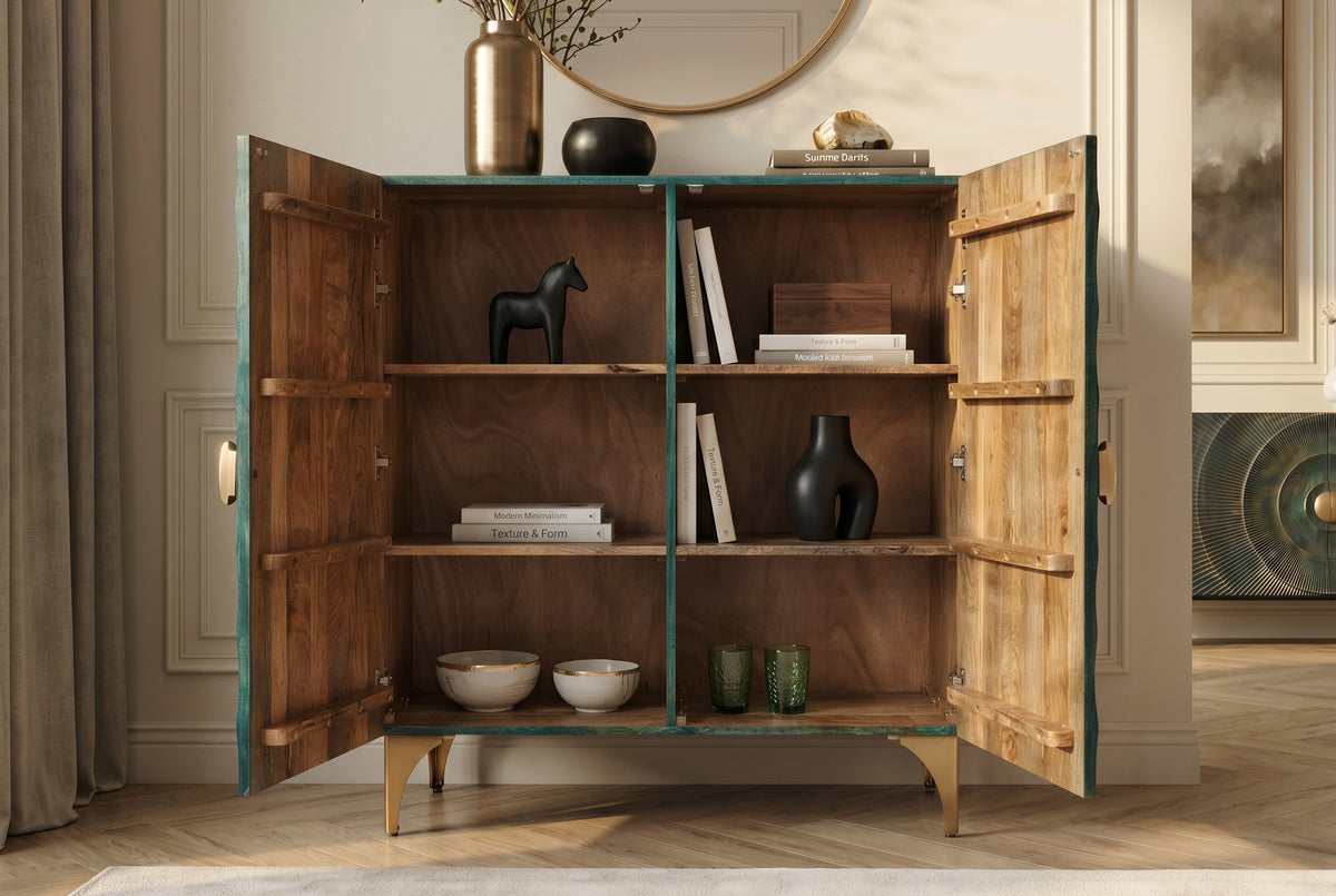 Buffet haut massif GOLDEN SUNSET 120cm en bois de manguier turquoise doré avec sculptures 3D