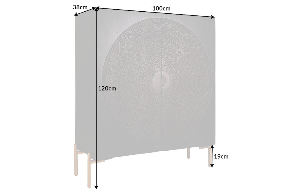 Buffet haut massif MANDALA 120cm en bois de manguier avec sculptures 3D pieds noir doré