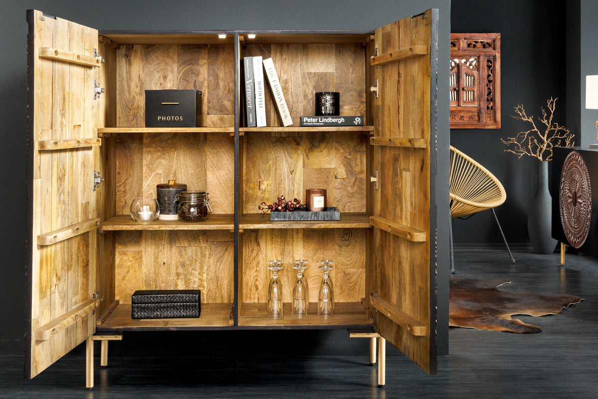 Buffet haut massif MANDALA 120cm en bois de manguier avec sculptures 3D pieds noir doré